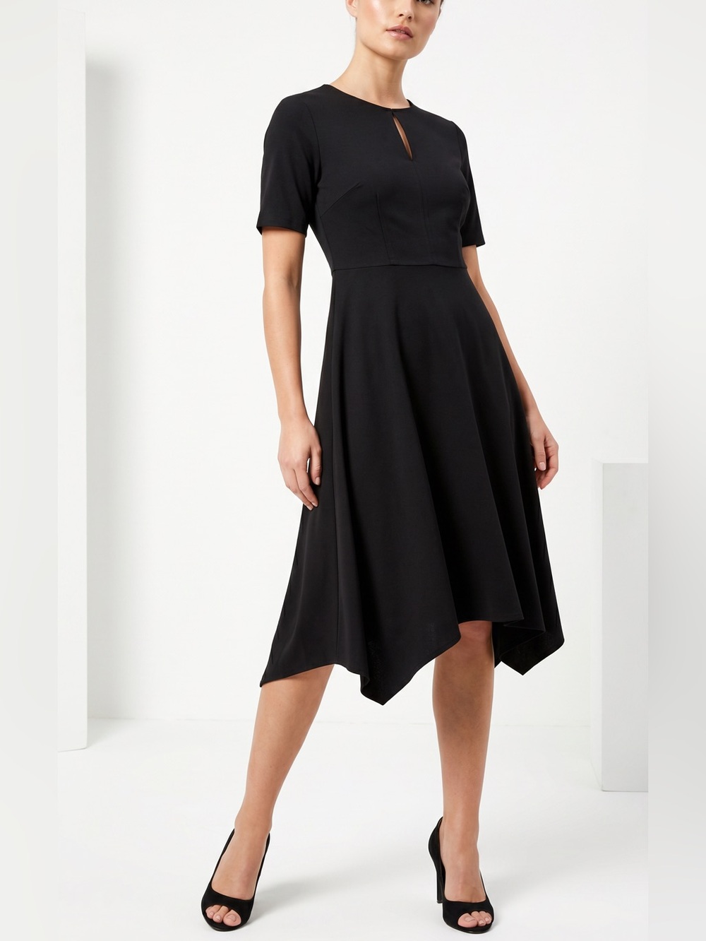 DOROTHY PERKINS | Black Keyhole Asymmetrical Midi Dress Sz US 8